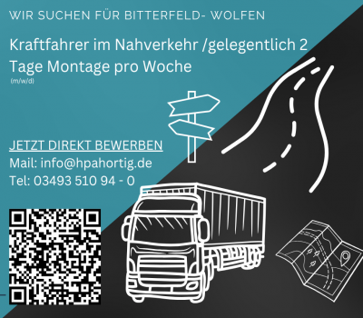 Kraftfahrer (m/w/d) für Bitterfeld- Wolfen gesucht- glg. 2 Tage Montage pro Woche 