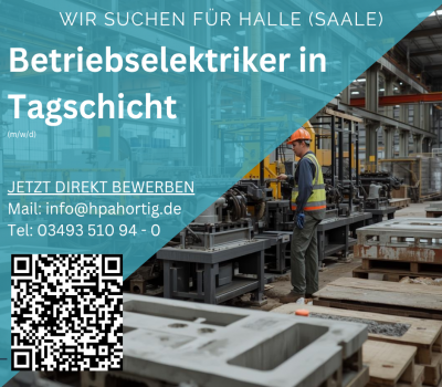 Betriebselektriker (m/w/d) für Halle (Saale) gesucht - Tagschicht - ab 3.600 €